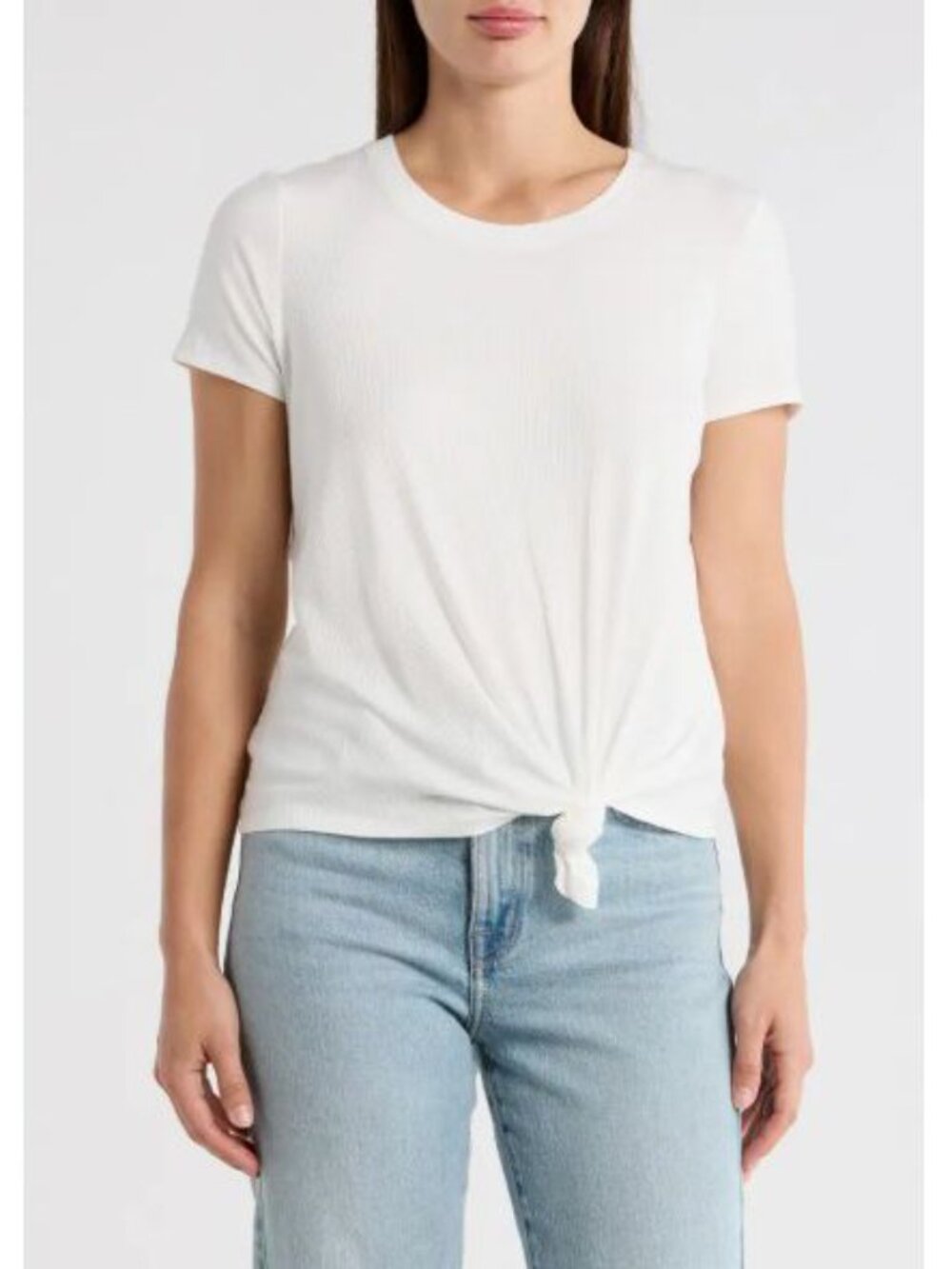 1. STATE Womens Rib Tie Hem Short Sleeve T-Shirt in Off White Light Cream Size S